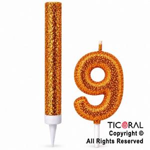 SET BENGALA Y VELA NUMERAL NUMERO 9 CON GIBRE ORO